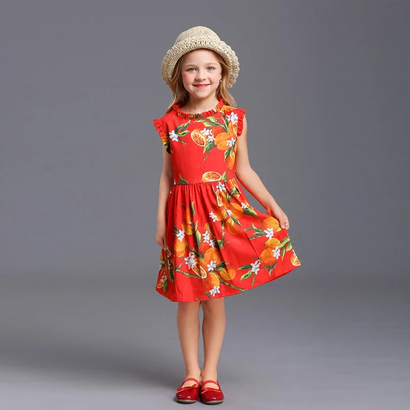 

Brand New Summer lemon print pleated sleeveless skirts family suit clothes mother and baby girl dress kids girls fashion dresses