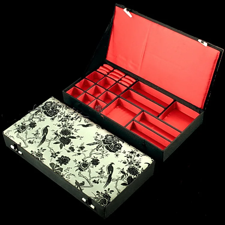 High End Multi Slot Grid Fabric Storage Box Wood Silk Brocade Multiple Ring Earrings Bracelet Pendant Necklace Collection Case