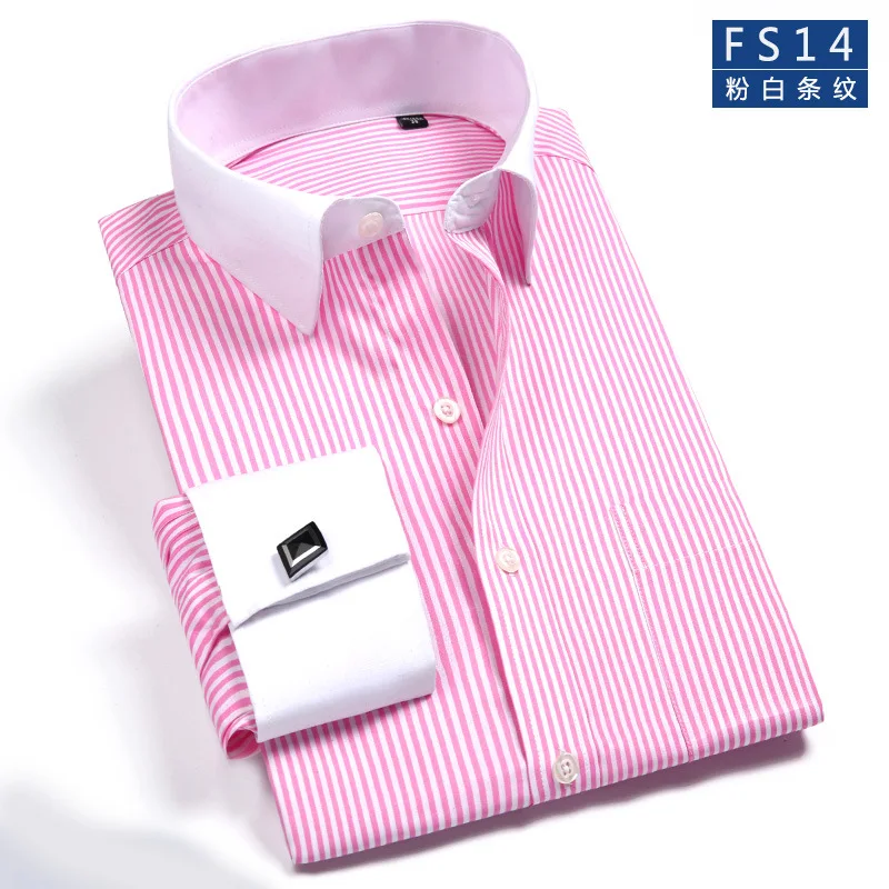 FS14 stripe Pink Мужские французские рубашки запонки новые мужские рубашки формальные мужские рубашки с длинным рукавом приталенные качественные брендовые французские рубашки с манжетами 4XL - Цвет: FS14 stripe Pink