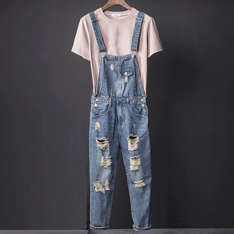 Summer 2018 New Men's Ripped Hole Washed Ankle Length Denim Jumpsuits , Male 5XL 4XL Jeans Overalls , Rompers Jumpsuit For Men