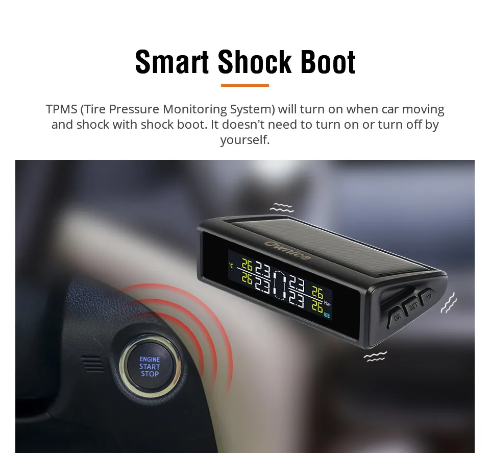 Owice Авто Солнечная энергия TPMS контроль давления в шинах 4 внешних внутренних датчика сигнализация Система безопасности цветной дисплей