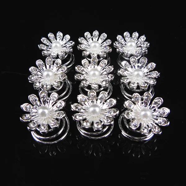 

12 Pcs New Silver Flower Crystal Rhinestone Pearl Bridal Hair Twists Spins Pins