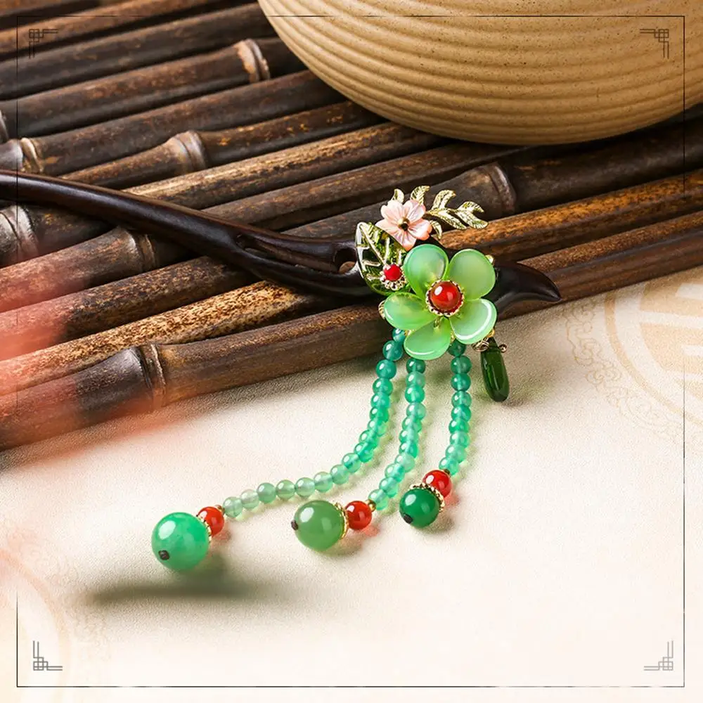Ethnic Handmade Tassel Woman Hair Sticks Colored Glass Flower Leaves Pink Shell Green Red Stone Black And Ebony FZ-18126 | Украшения и