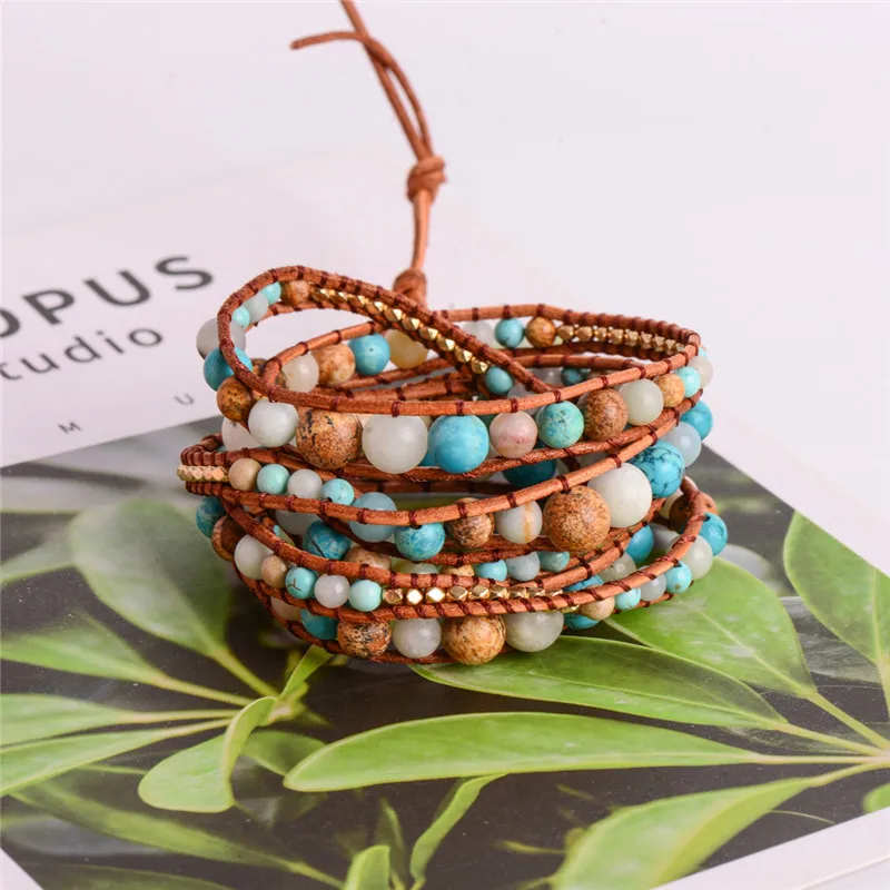 Изысканный градиентный 2018 - 5X кожаный браслет Amazonite золотой многослойный для