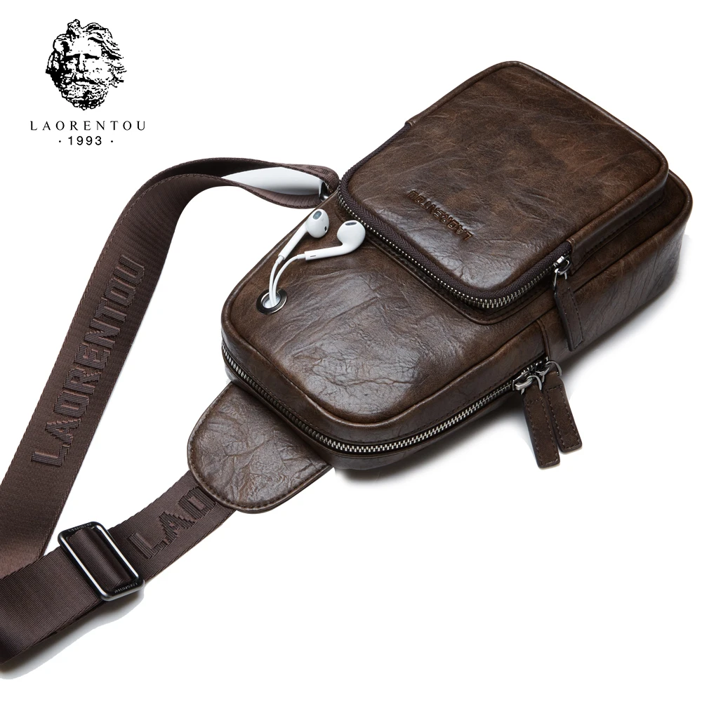 Мужская нагрудная сумка LAORENTOU черная кожаная мессенджер через плечо