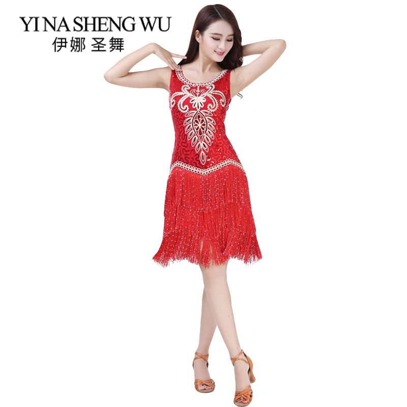 

Женский костюм для латиноамериканских танцев, танцевальное платье с бахромой и блестками, танцевальное платье для соревнований и представ...