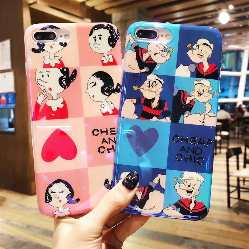For iPhone 8plus Cute Popeye the Sailor case &ampTempered Glass Screen film X 7 7Plus 8 6 6S 6Splus Blue ray Soft Capa |