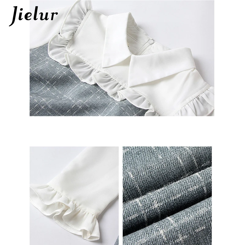 Jielur серый плед с длинным рукавом элегантное платье для женщин осень 2019 г. Новый