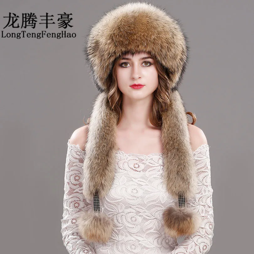 Real Fox Fur Ladies Pom Pom Peas Natural Raccoon Plush Rex Rabbit Winter Warm Hat Free Shipping