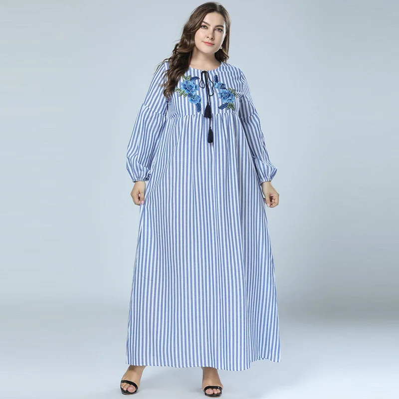 Женское Повседневное платье в синюю полоску мусульманское Цветочная аппликация