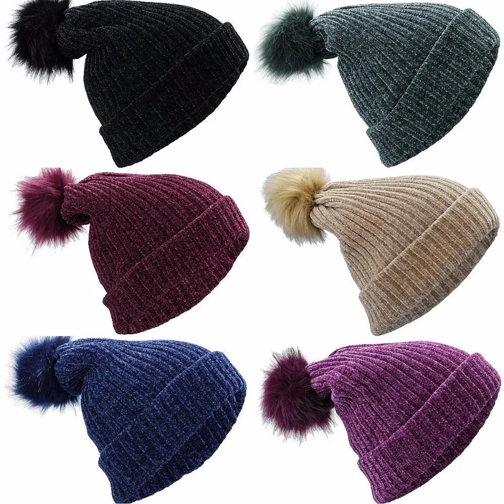 

Women Winter Faux Fur Pom Pom Beanie Hat,Velvet Knit Slouchy Chunky Cap