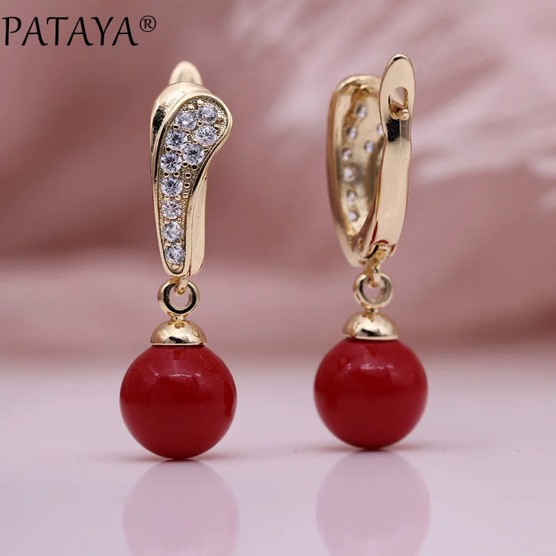 PATAYA, новинка, изящные длинные серьги с жемчугом, Женские Романтические модные ювелирные изделия, натуральный циркон, 585, розовое золото, маленький подарок, серьги