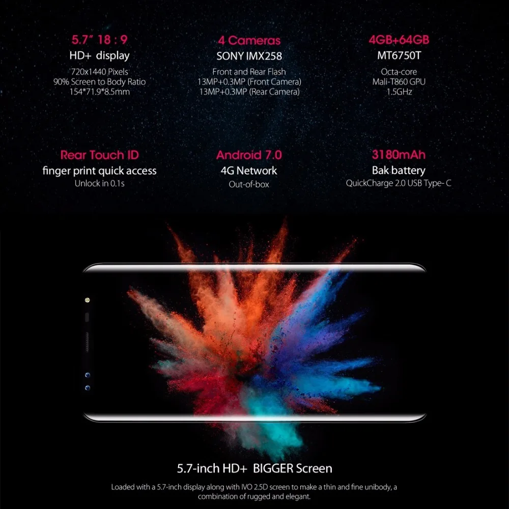Blackview S8 четырьмя камерами 18:9 смартфон 4G RAM 64g ROM 5 7 дюймов mt6750t восемь ядер 1440*720 LTE