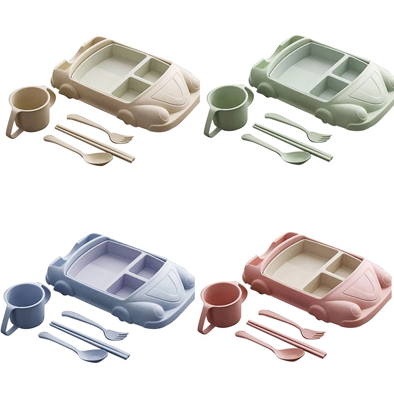 5PCS/SET Microwave Oven Great Quality Cute Cartoon Children\'s Straw Dinner Plate Creative Car Train Wheat Bowl Meal Bowl