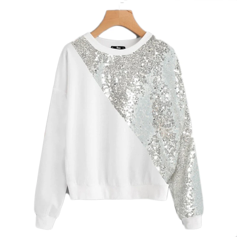 SHEIN Плюс Размеры Свитшот Со Блестками С Заниженной Линией Плеч Женская Белая Гламурная Толстовка С Длинными Рукавами