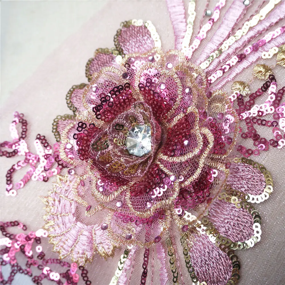 Розовые золотые блестки 3D Цветы кисточки стразы аппликации вышитые кружева