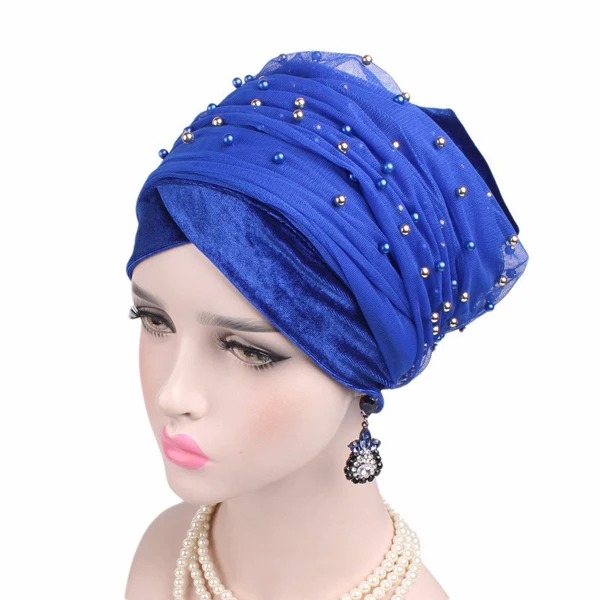 royal blue Роскошный массовый Золотой платок на Голову Бандана турбанта из бисера сетка головной убор бархат нигерийский тюрбан женский хиджаб Экстра длинный головной платок - Цвет: royal blue