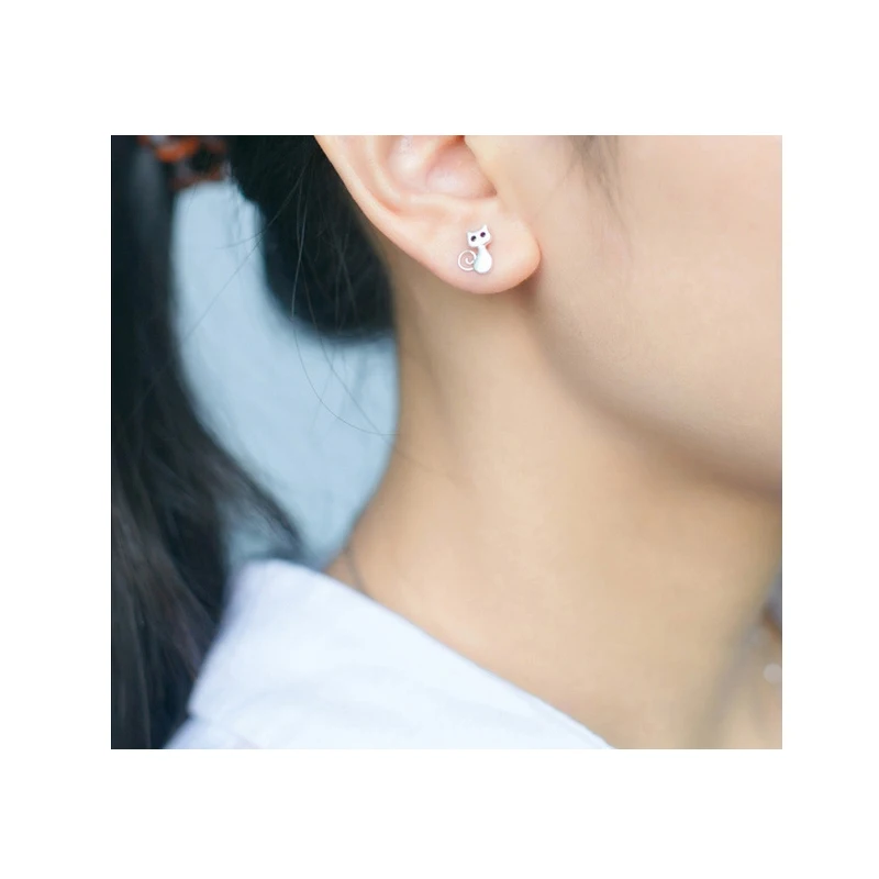 New Lovely Cute Cats Stud Earrings Natural Obsidian Silver 100% 925 Sterling For Women Wedding Jewelry Brincos | Украшения и