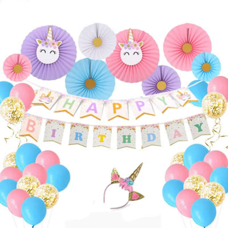 Unicorn Theme Happy Birthday Party Decoration Set Paper Fan Flag Hat | Дом и сад