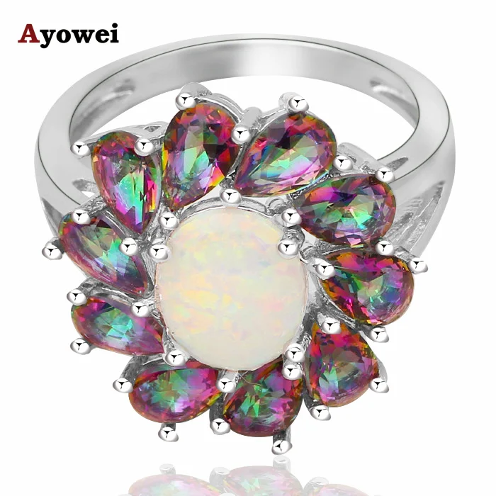 

Luxury ten pieces Mystic Crystal design White fire Opal Silver Stamped fashion jewelry Rings USA Size #6#7#7.5#8#9#10 OR711A