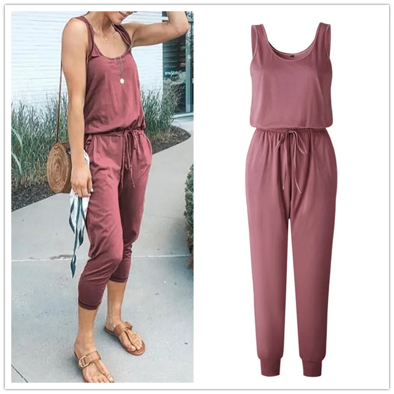New Arrival Sexy Off Shoulder Sleeveless Lace Up Belts Jumpsuits Summer Women Solid Casual Pockets Long Rompers Women Jumpsuits
