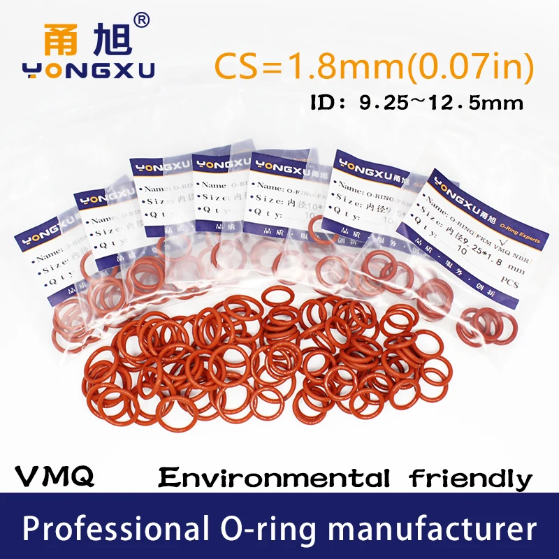10 шт./лот красный Силиконовое кольцо VMQ уплотнительное CS1.8mm ID9.25/9 5/10/10.6/11.2/11.8/12.5*1 8