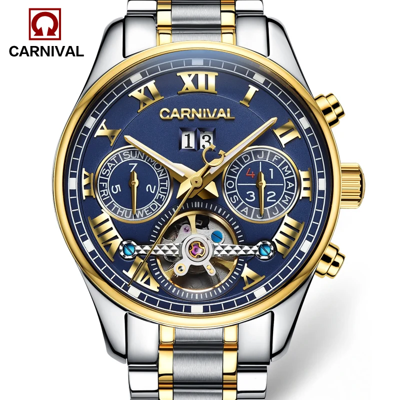 

Luxury Stainless Steel Watch Men Automatic Self-Wind Sapphire Glass Tourbillon Blue Dial Silver Case Watches reloj relogio 5 ATM