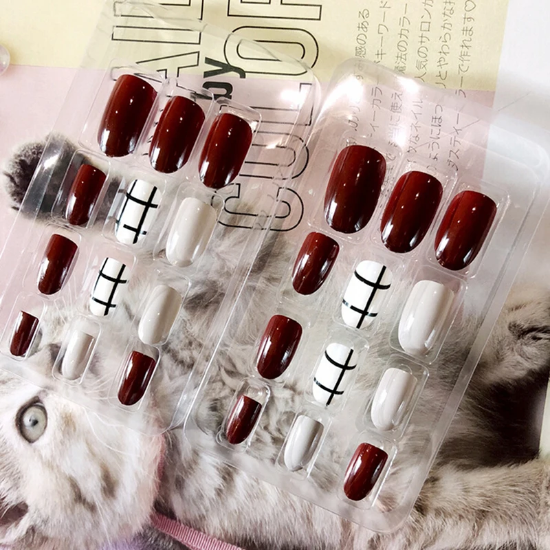 24 шт./компл. красное вино круглые удлиненные Набор накладных ногтей металлик