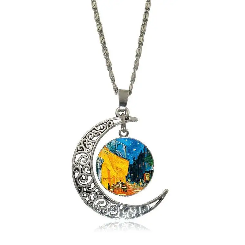 EJ Glaze Van Gogh Cafe Terrace Necklace Fashion Long Chain With Crescent Shaped Jewelry For Women Jewellery | Украшения и
