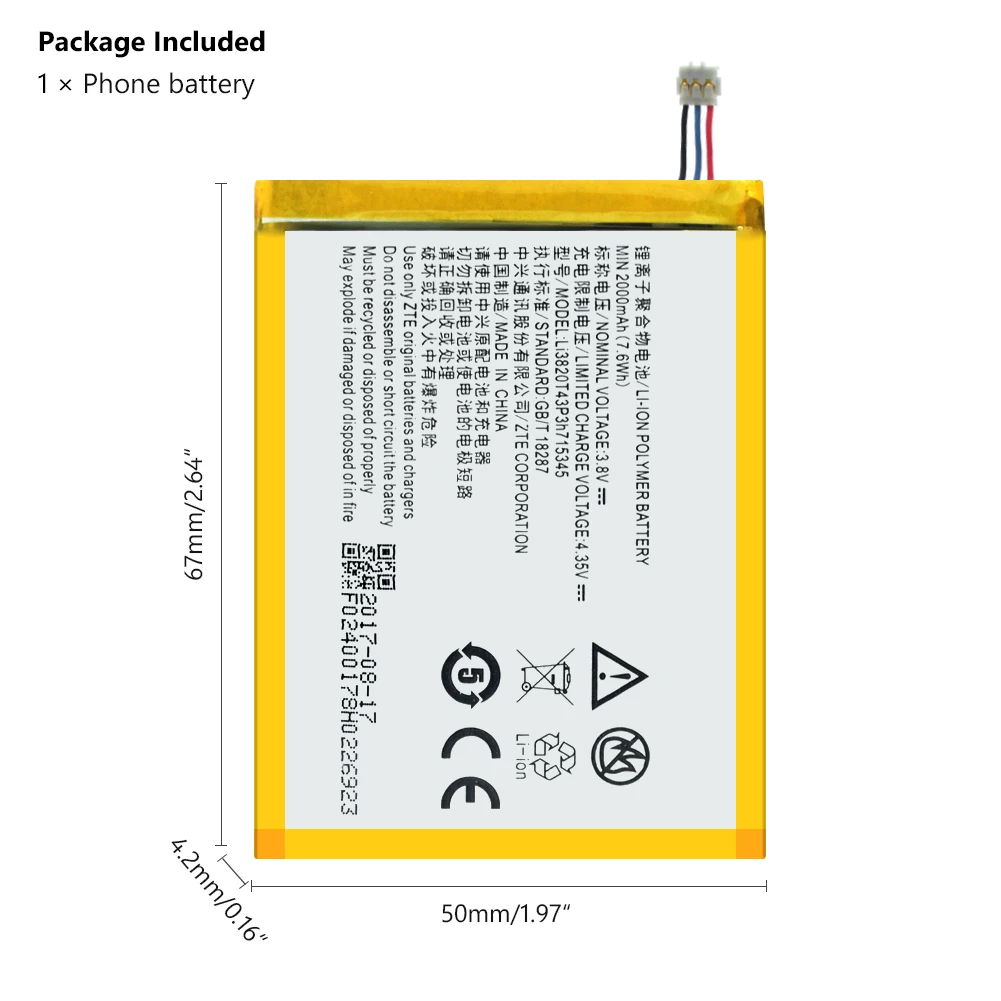 Подлинный Li3820T43P3h715345 2000mAh аккумулятор литий полимерный для телефона zte Grand S Flex MF910