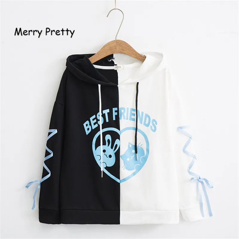 Merry Pretty Kawaii, женские толстовки с капюшоном, кролик, кот, милый пэчворк, милые девушки, на шнуровке, длинный рукав, толстовка, женские пуловеры