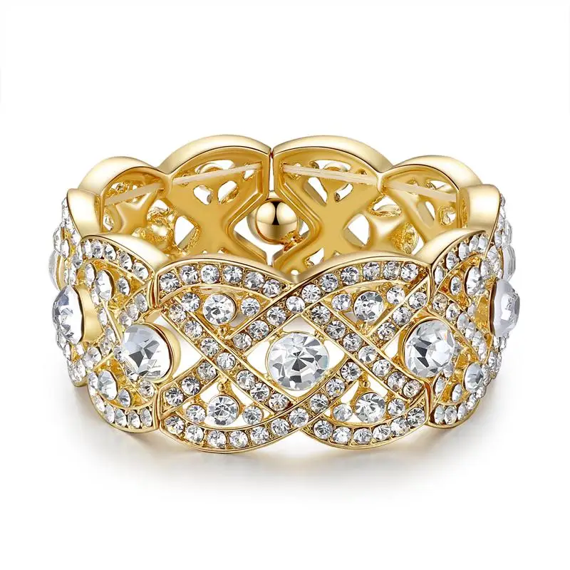 Светло-желтый, золотистый цвет Minlover Gold Color Crystal Big Bangles for Women Luxury Flower Rhinestone Bridal Bracelet Wedding Jewelry Accessories SL053 - Окраска металла: Светло-желтый, золотистый цвет