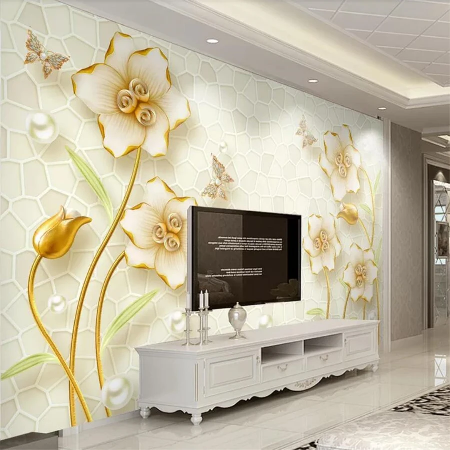 

Custom 3d wallpaper 5D papel de parede embossed jewelry lily simple European TV background wall 8d decorative painting wallpaper