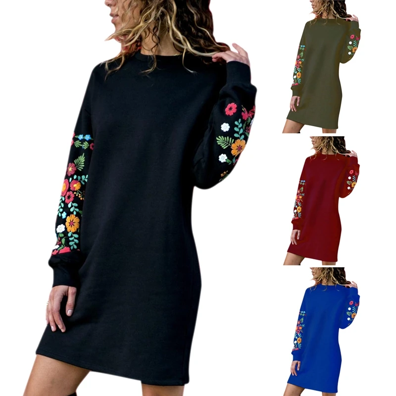 Модное женское элегантное платье с цветочным принтом и круглым вырезом длинным