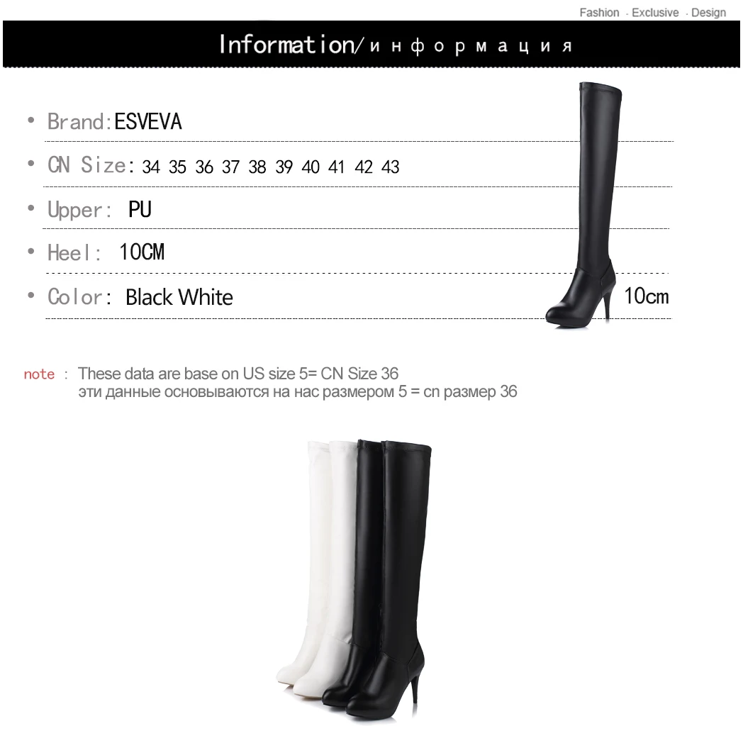 

ESVEVA 2020 Over The Knee Boots Winter Women Boots Thin High Heel Zipper Fabric PU Leather Motorcycle Boots Platform Size 34-43