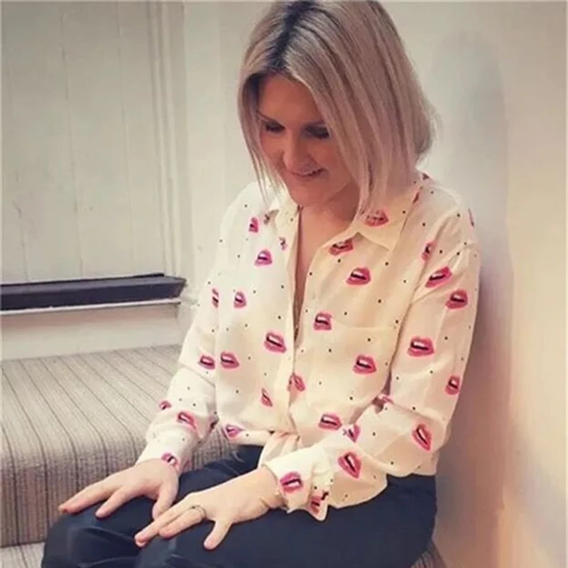 EQ 100% шелк сексуальные красные губы узор в горошек длинный рукав женские блузки