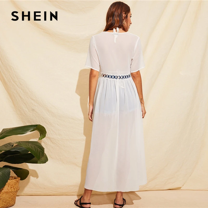 SHEIN кружево вставка галстук талии прозрачное длинное кимоно белый Однотонный женский узел длинное летнее богемное кимоно с коротким рукавом