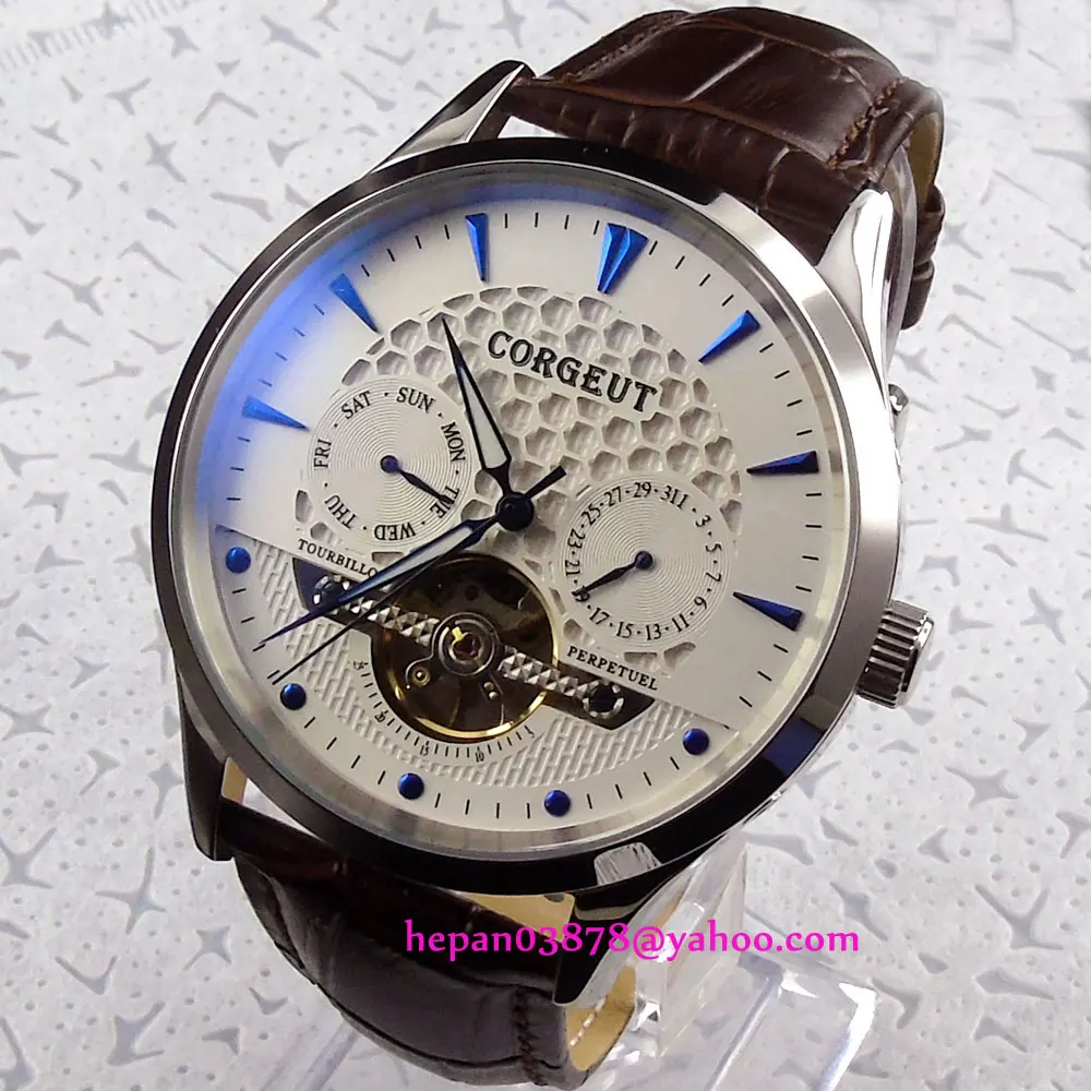 44 мм белый циферблат с синими стрелками купольное стекло неделя и дата