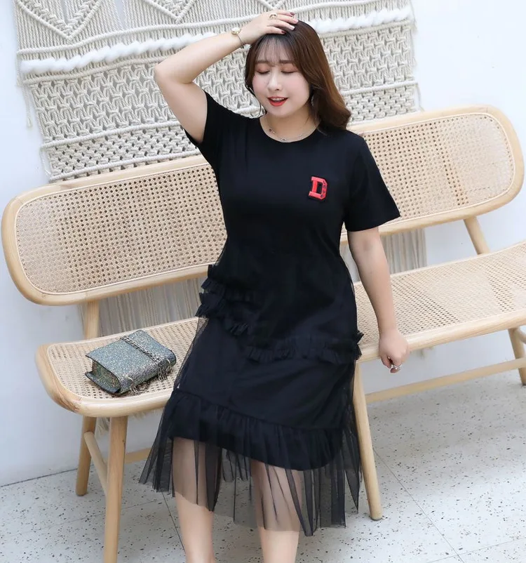 4XL-8XL летнее женское Сетчатое платье, повседневное, 5xl, плюс размер, черное платье с буквенным принтом, с оборками, с круглым вырезом, 6xl, 7xl, большие размеры, женские свободные платья