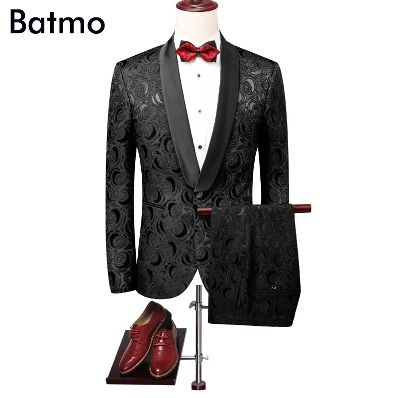 Batmo Новое поступление высококачественные жаккардовые белые мужские костюмы, мужское свадебное платье, вечернее платье для мужчин, большие размеры 86600 - Цвет: black