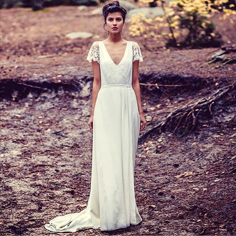Новый Урожай V Шеи Свадебные Платья С Длинным Boho Шифон Пляж Кружева Cap Рукавом