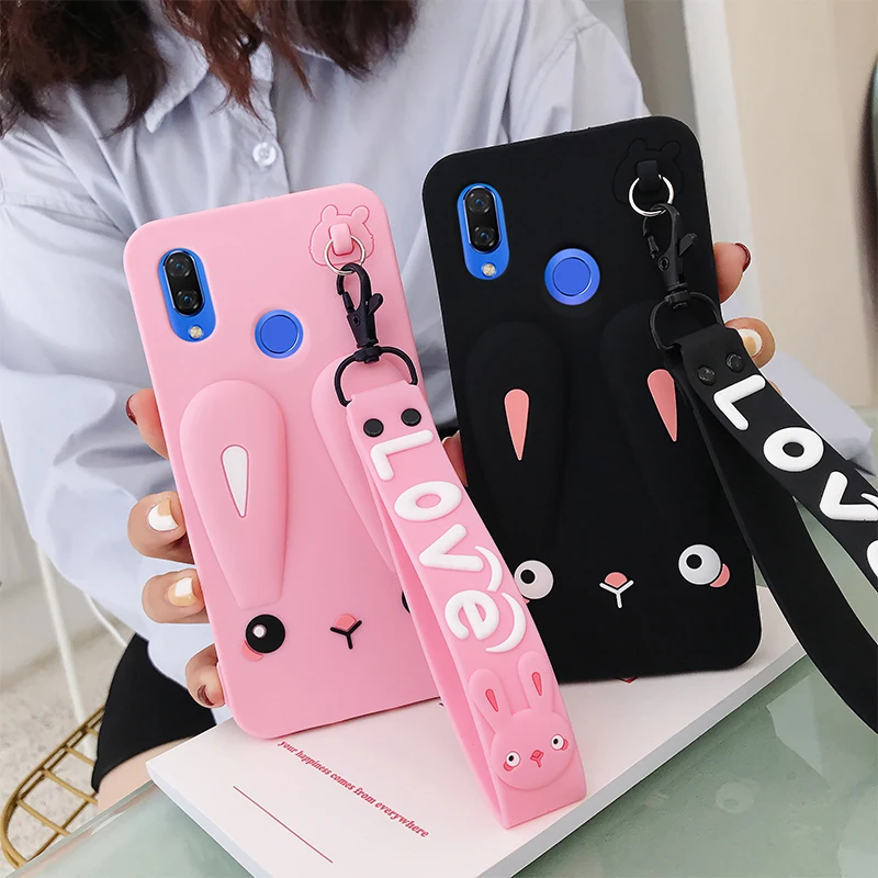 Восхитительный чехол для телефона huawei Honor 20 Honor 20 Pro Nova 4 4E 3I 3E безопасный силиконовый чехол-кролик с милыми короткими+ длинными шнурками