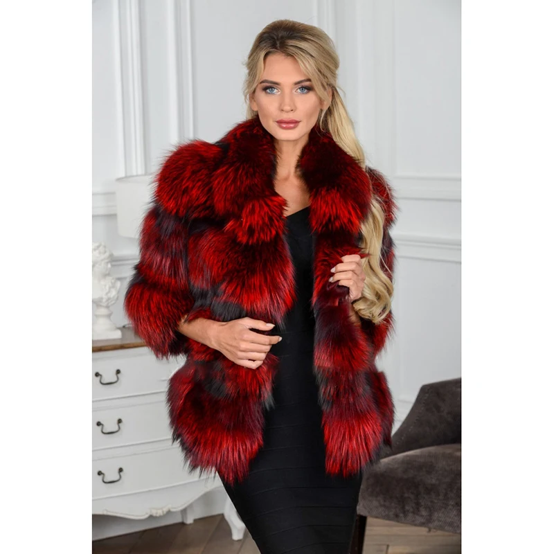 Модное зимнее пальто из меха лисы роскошное Женское цельной кожи с меховым