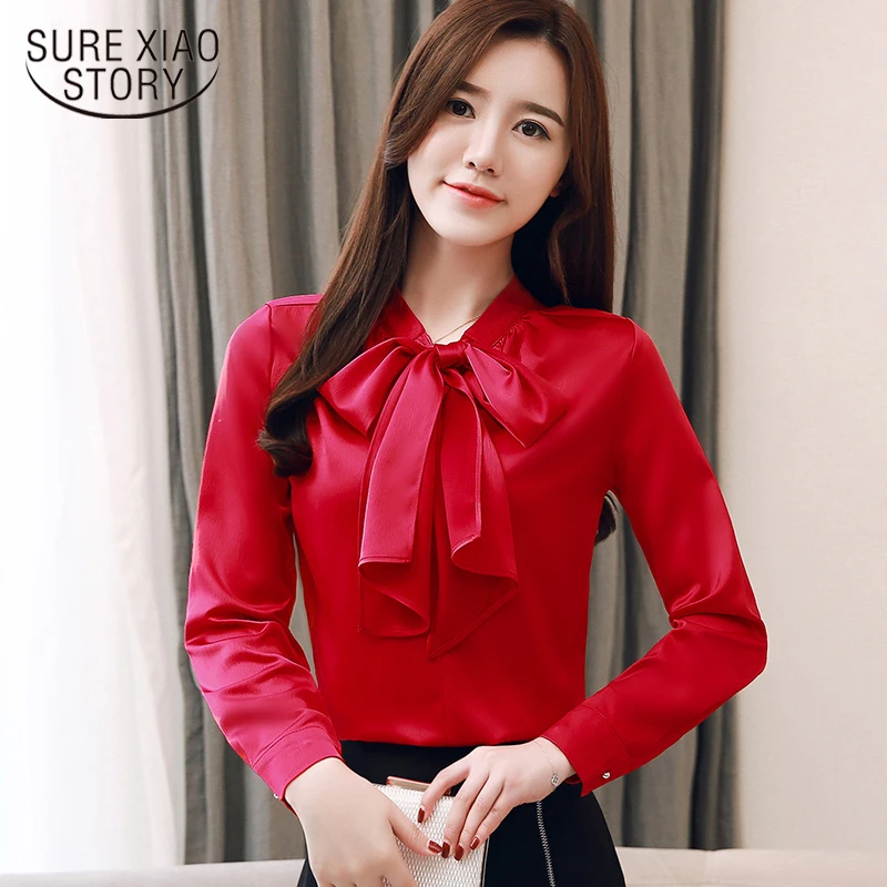 

2019 spring new fashion women's professional professional shirt temperament long-sleeved bow tie solid color lady shirt 2042 50
