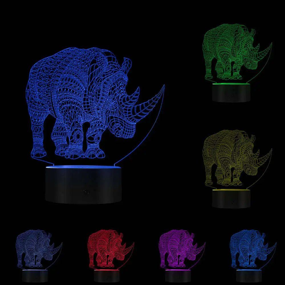 Rhinocero 3D многоцветная светодиодная лампа с животным дизайном Оптическая иллюзия