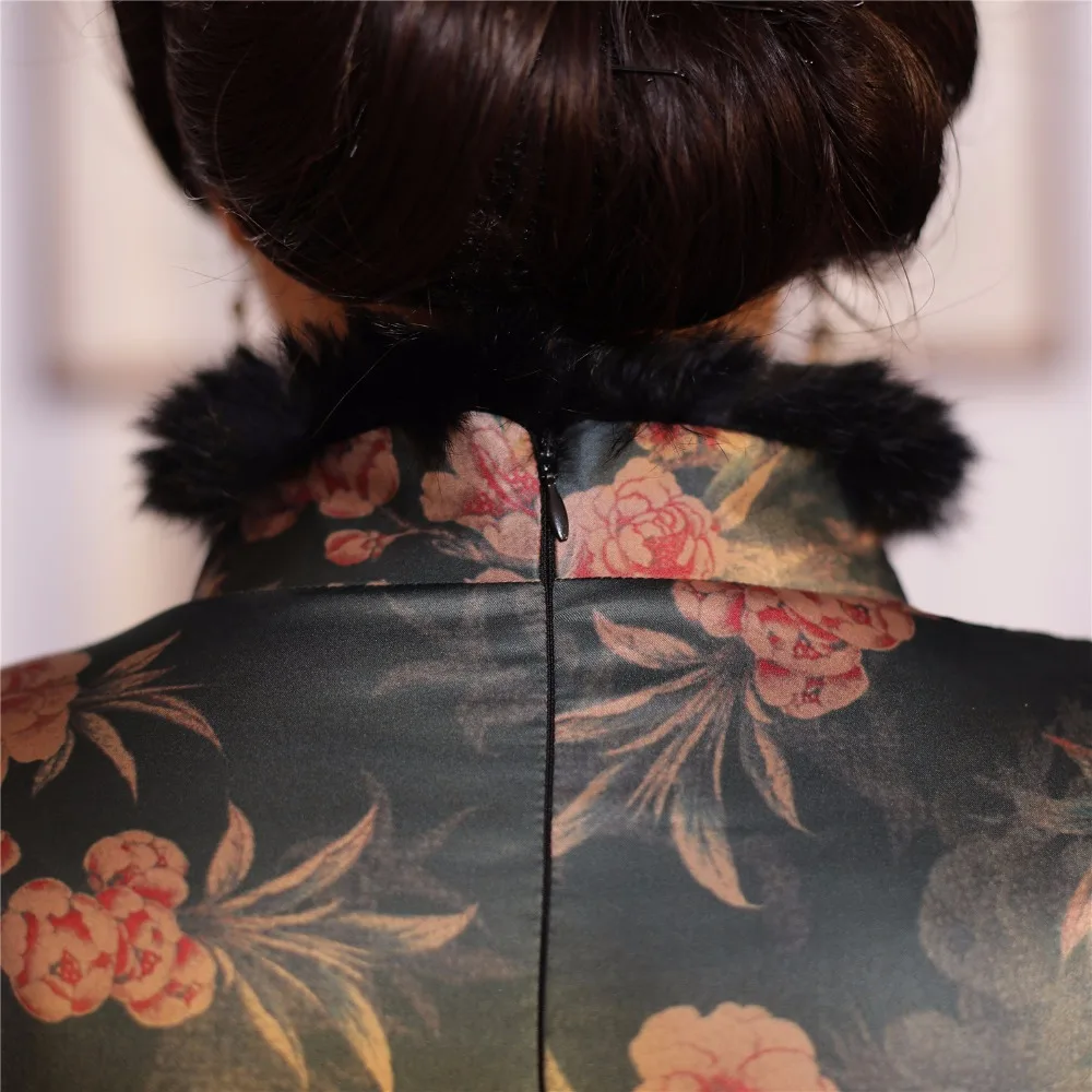 Шанхай история искусственного меха смесь шерстяное Qipao осень зима китайское платье Чонсам с длинным рукавом платье длиной до колена восточное платье