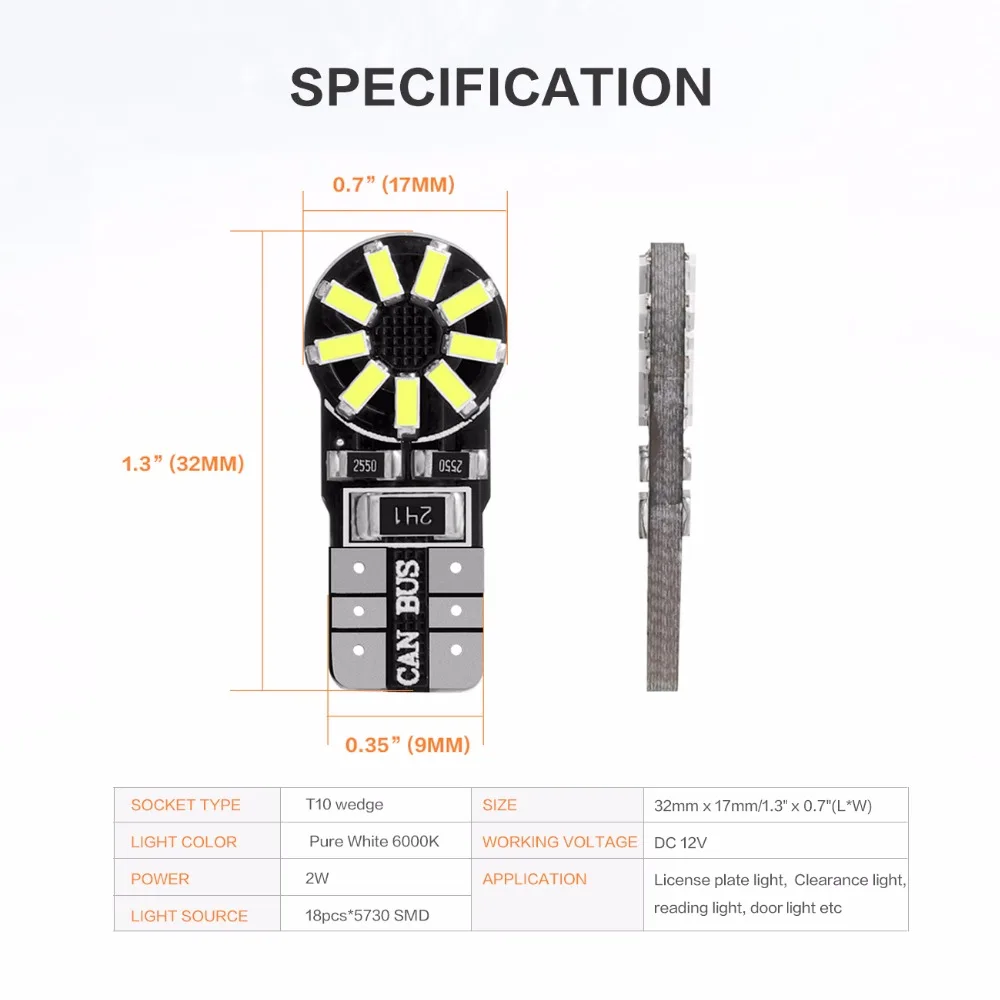 Auxmart 2pcs T10 светодиодный светильник номерного знака 6000K автоматический приборной