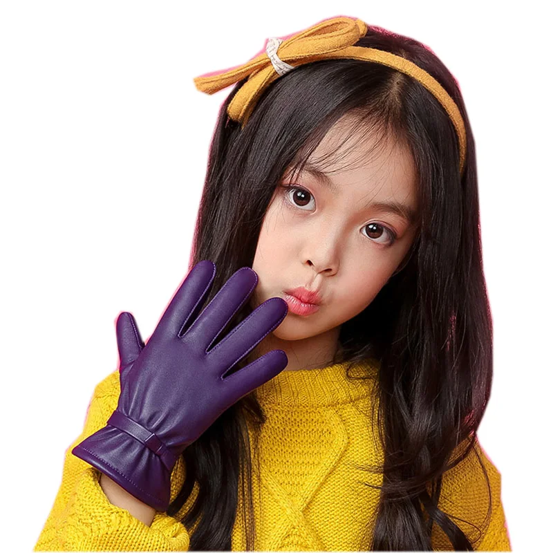 

Genuine Leather Gloves Five Finger Children's Glove Winter Warm Velvet Lined Kids Sheepskin Gloves For Girls NW103-5