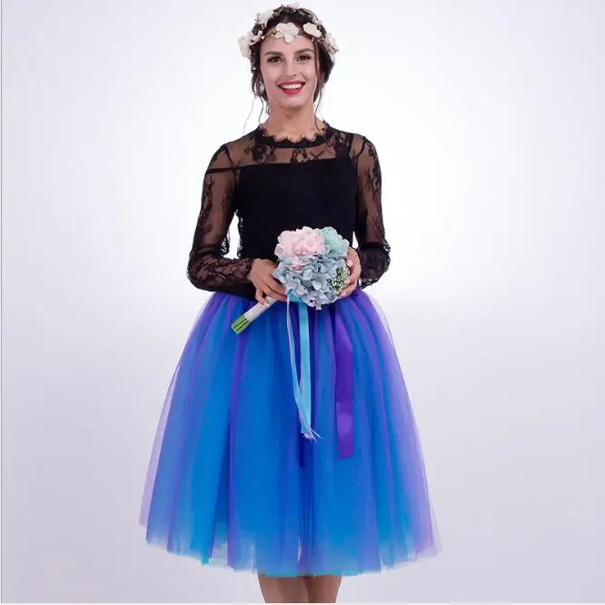 7 слоев 65 см длинные разноцветные фатиновые юбки-пачки принцессы Модное бальное платье Лолита юбка женская летняя Saias Femininas faldas Jupe - Цвет: purple blue