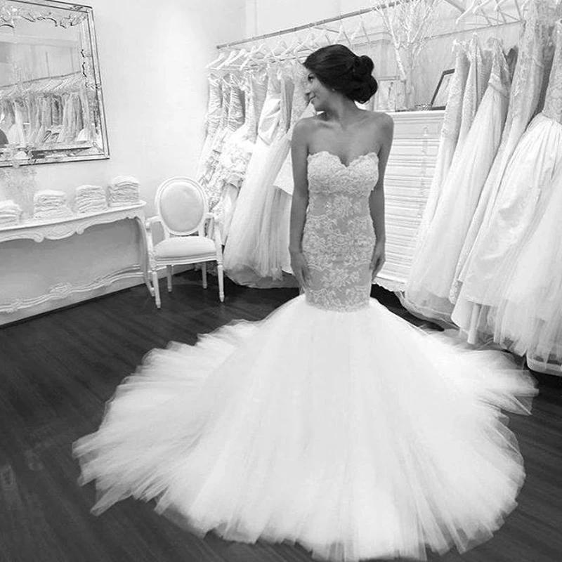Русалка Свадебные Платья 2017 Без Бретелек Тюль Белый Высокое Качество Кружева